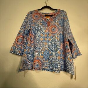 Ruby Rd. Blue & Orange Geometric Blouse w/three quarter sleeves. Sz PL. NWT.